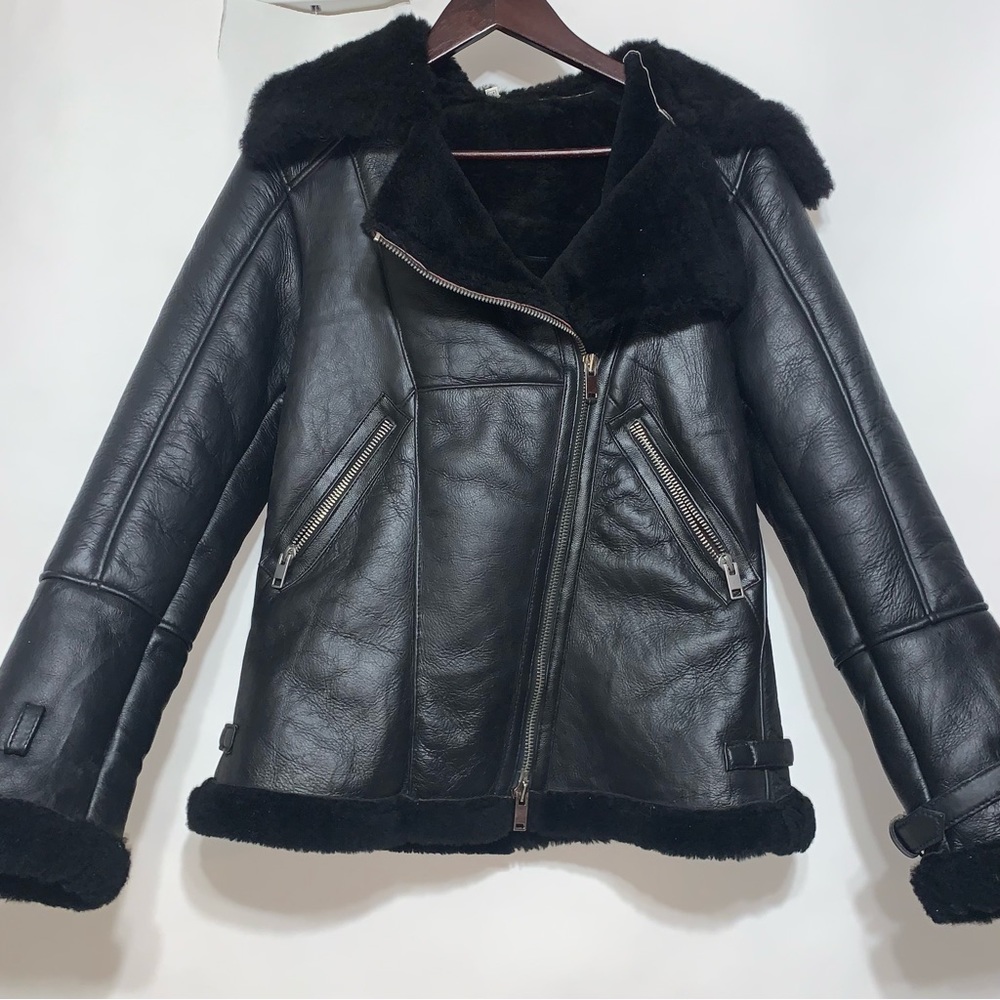 Maeve Tree Leather Bomber Shearling Jacket